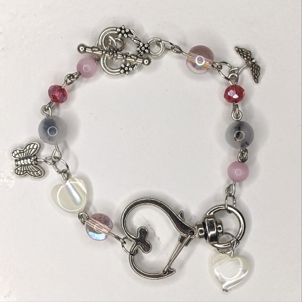 Bracelets with heart and crystal beads and toggle clasp. Handmade by me.